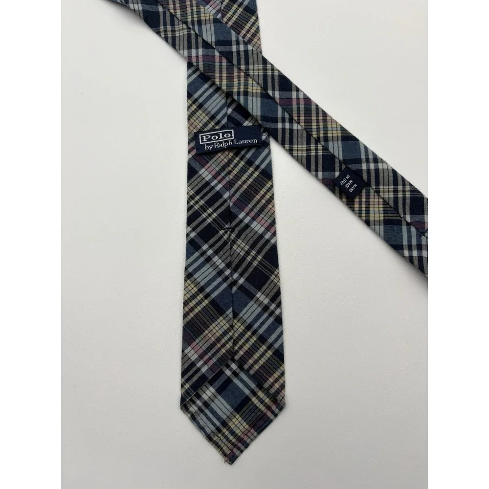 Polo Ralph Lauren Tie Mens Blue Yellow Plaid Cotton Handmade Italy Skinny 2.75